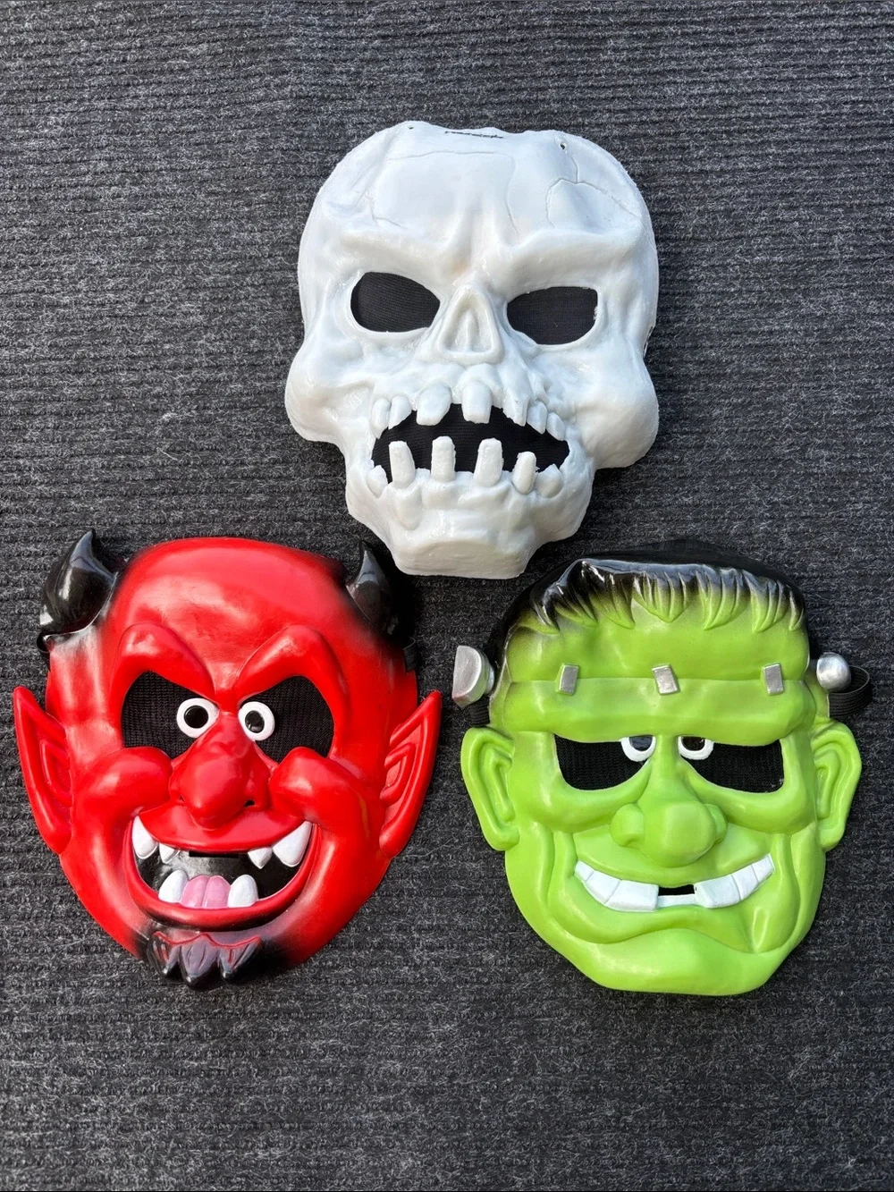 Kids Halloween Mask Trio - White Skull, Red Devil & Green Frankenstein